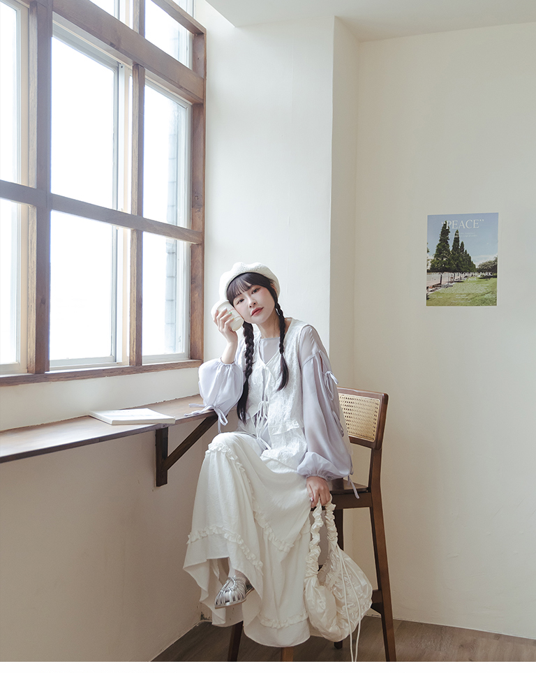 微光沢リボンスリーブシアーブラウス 2色展開
