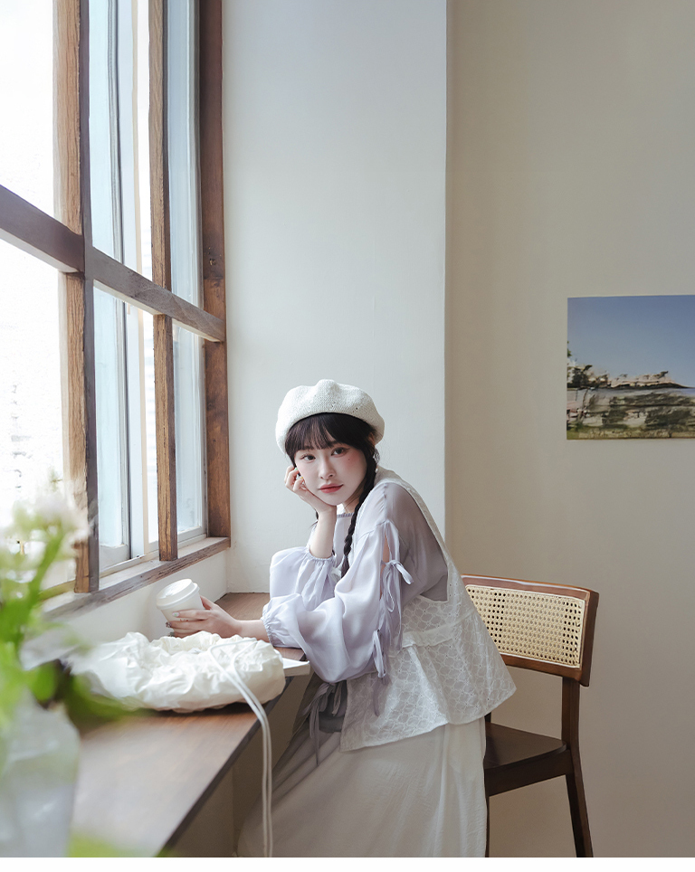 微光沢リボンスリーブシアーブラウス 2色展開