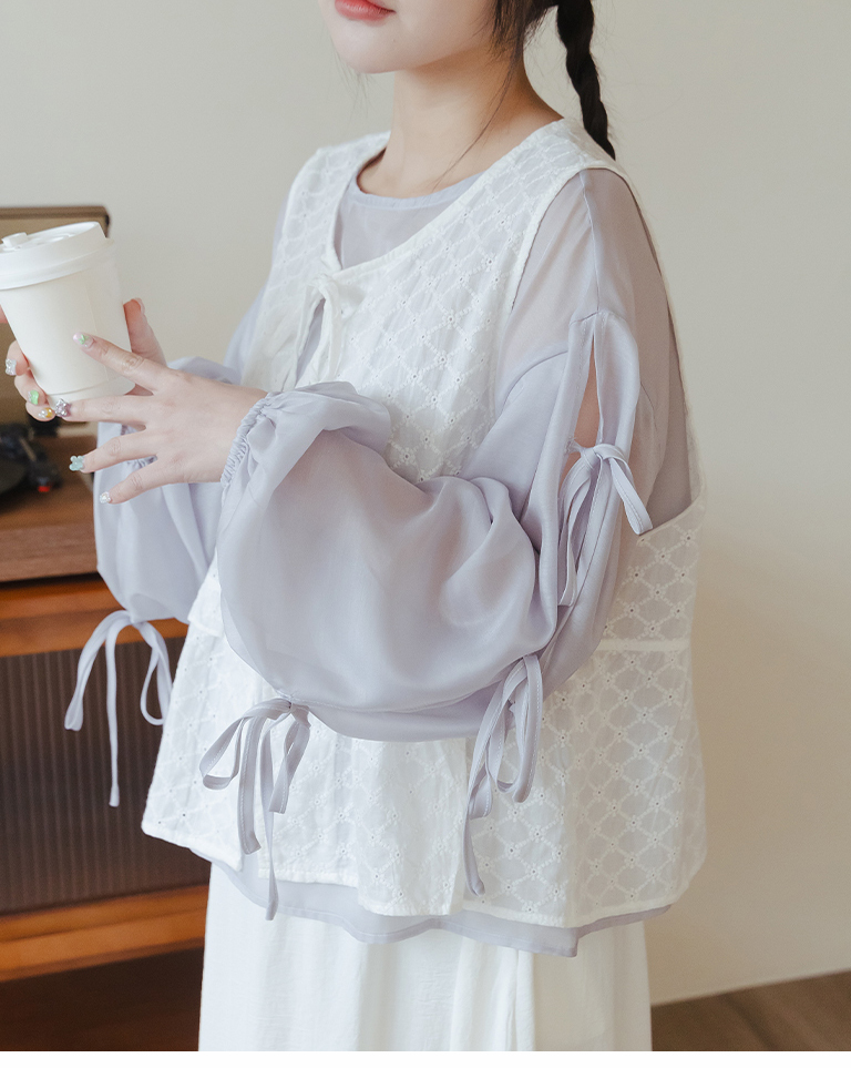 微光沢リボンスリーブシアーブラウス 2色展開