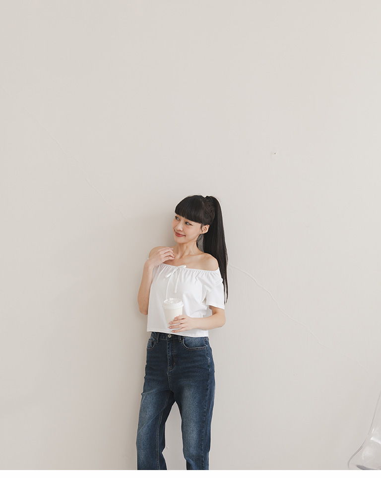 クルーネックリボン付き半袖カットソー 2色展開