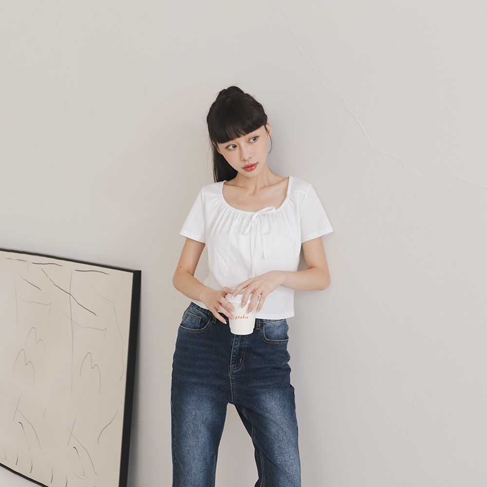 クルーネックリボン付き半袖カットソー 2色展開