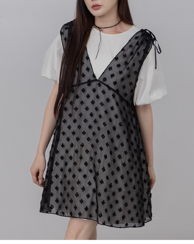 ドロストリボン花柄シアーノースリーブトップス 2色展開