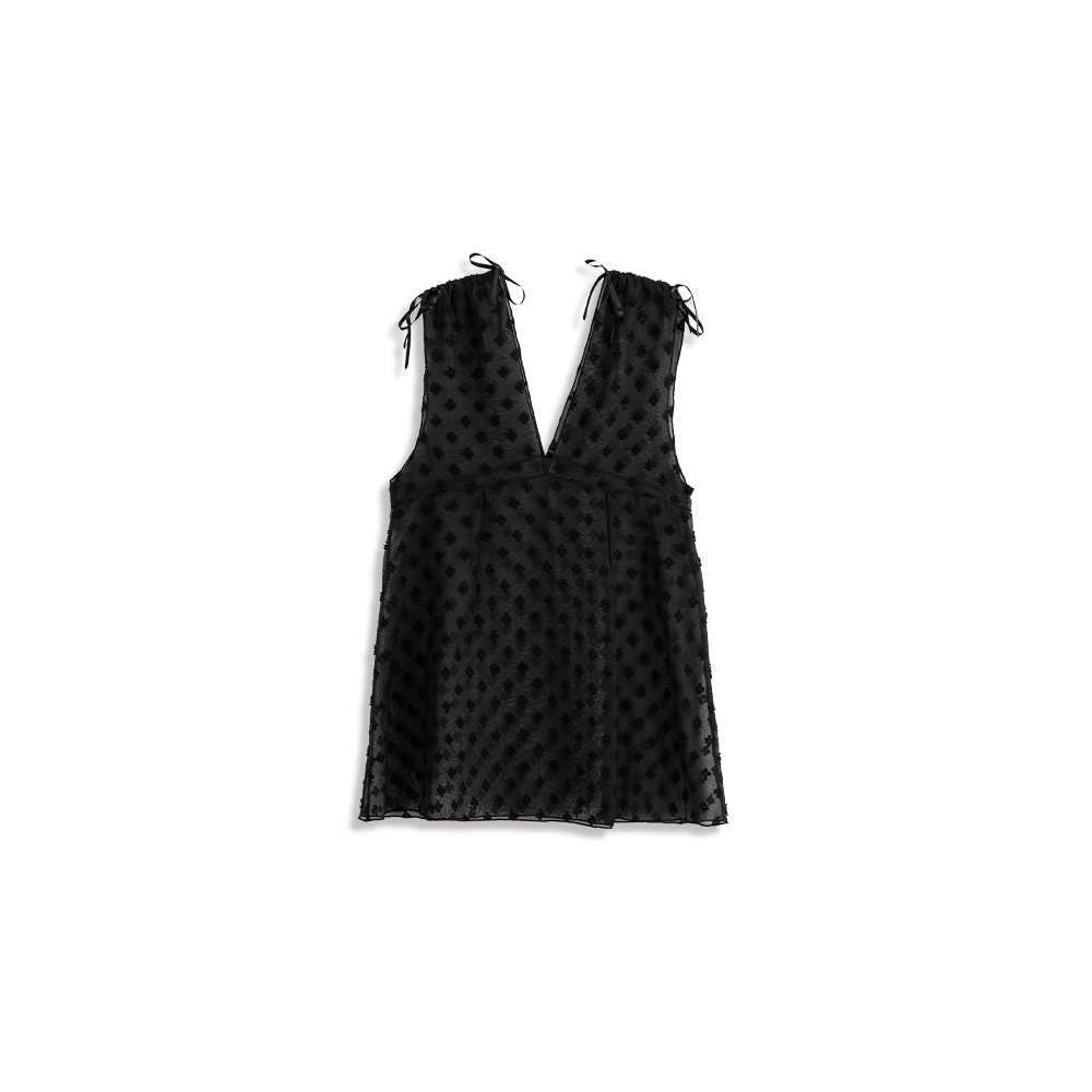 ドロストリボン花柄シアーノースリーブトップス 2色展開