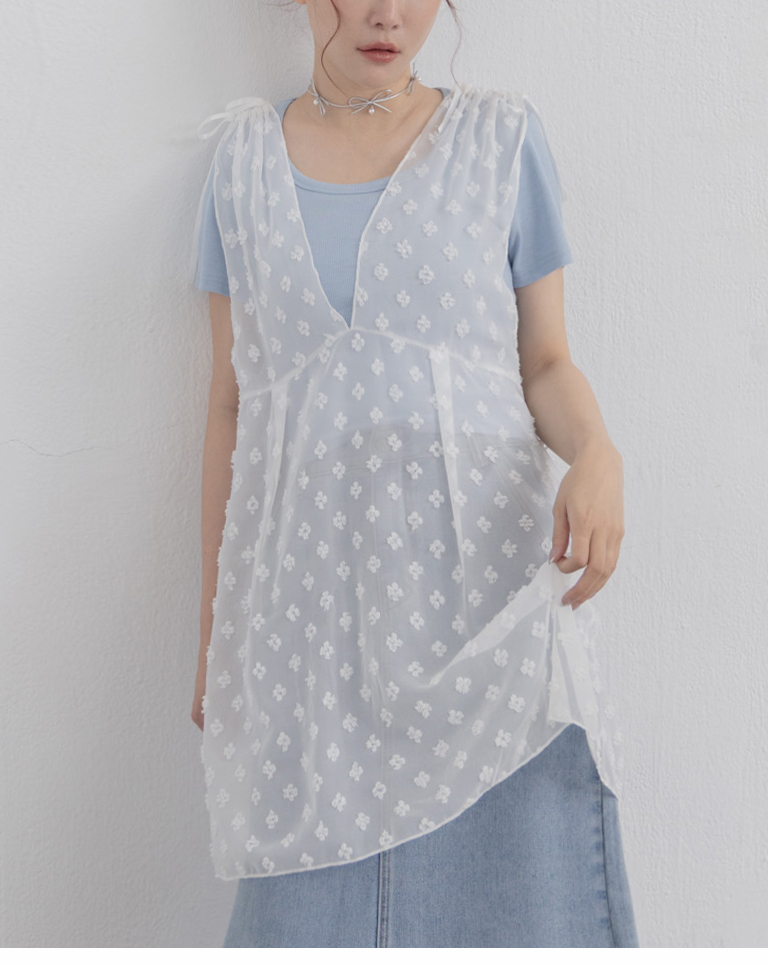 ドロストリボン花柄シアーノースリーブトップス 2色展開