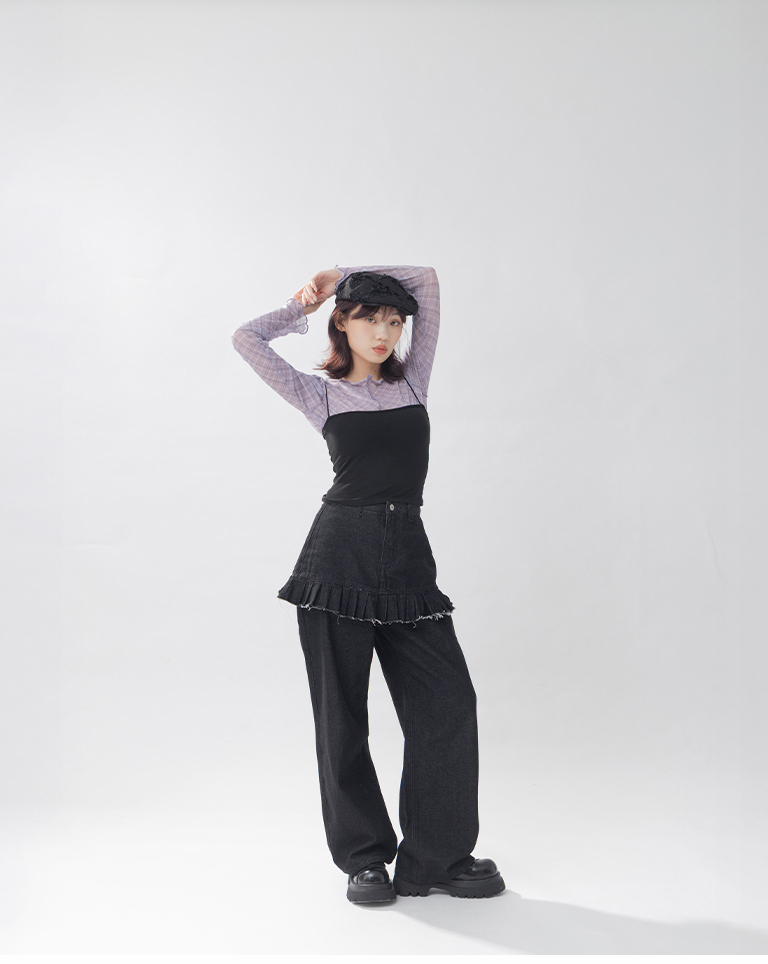 チェック柄フリル透けトップス　4色展開