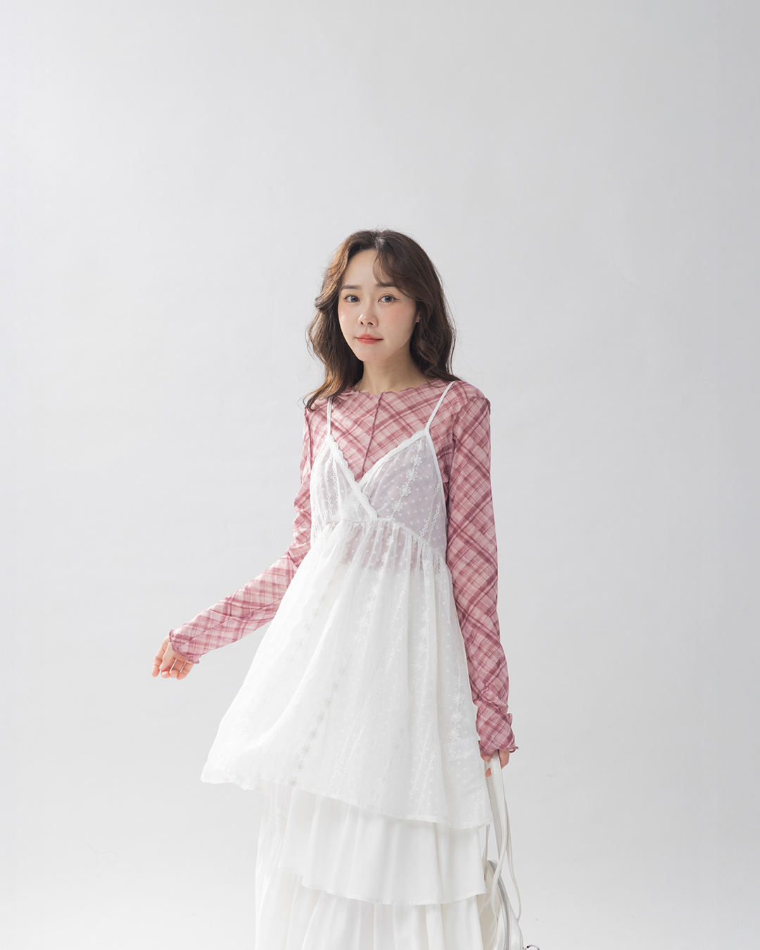 チェック柄フリル透けトップス　4色展開