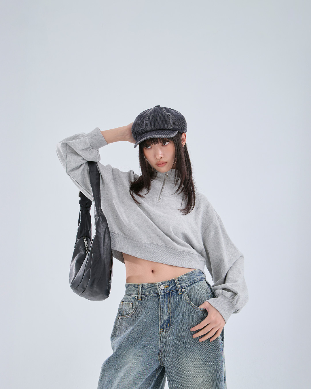 ハーフジップ起毛ショートスウェット 3色展開