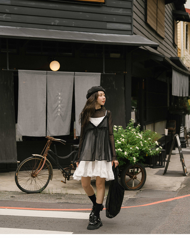 シアーフリルリボンキャミソール - ブラック