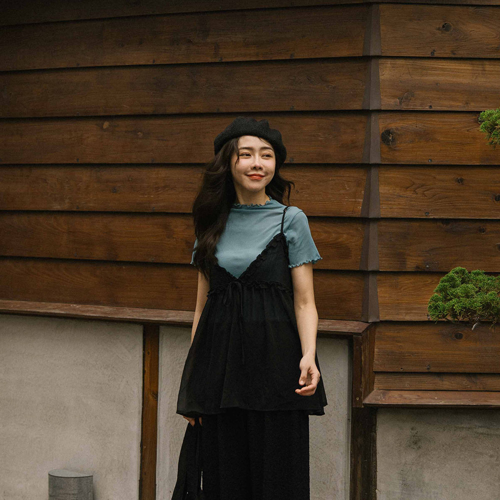 シアーフリルリボンキャミソール - ブラック