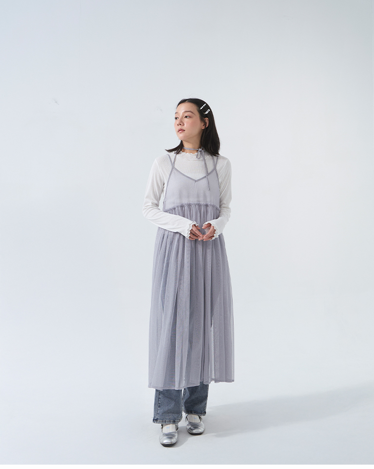 チュールデザインキャミロングジレ - グレー