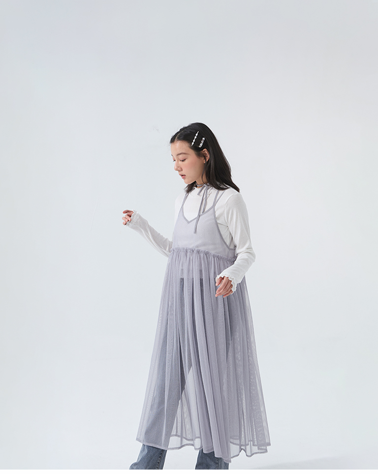 チュールデザインキャミロングジレ - グレー