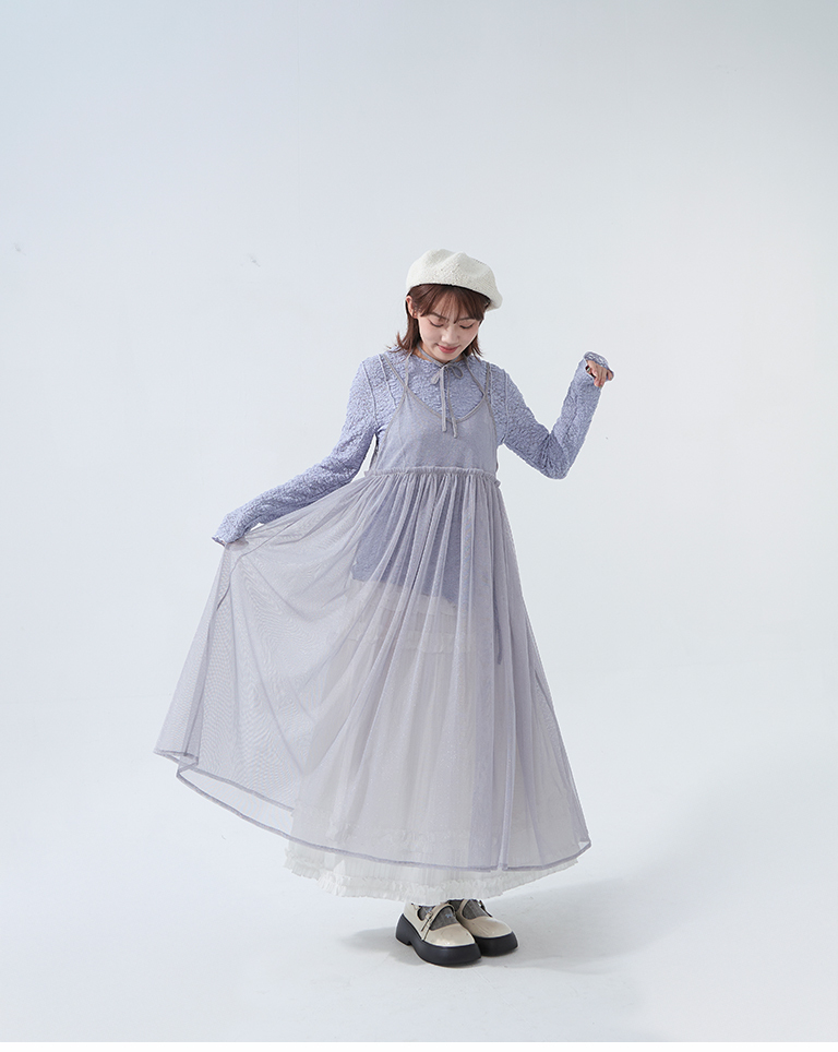 チュールデザインキャミロングジレ - グレー