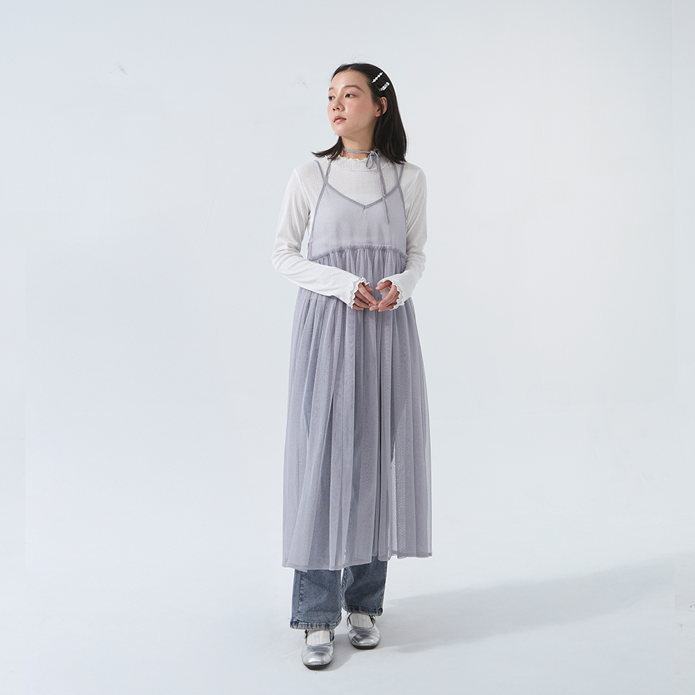 チュールデザインキャミロングジレ - グレー