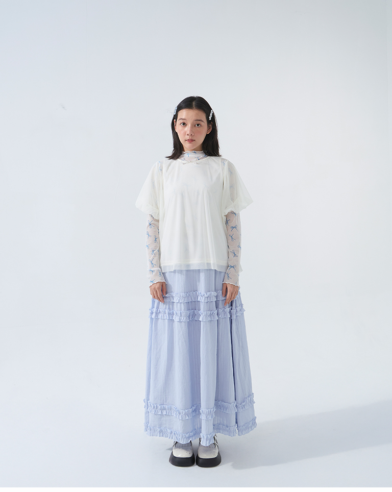 総柄リボンハイネックシアートップス3色展開