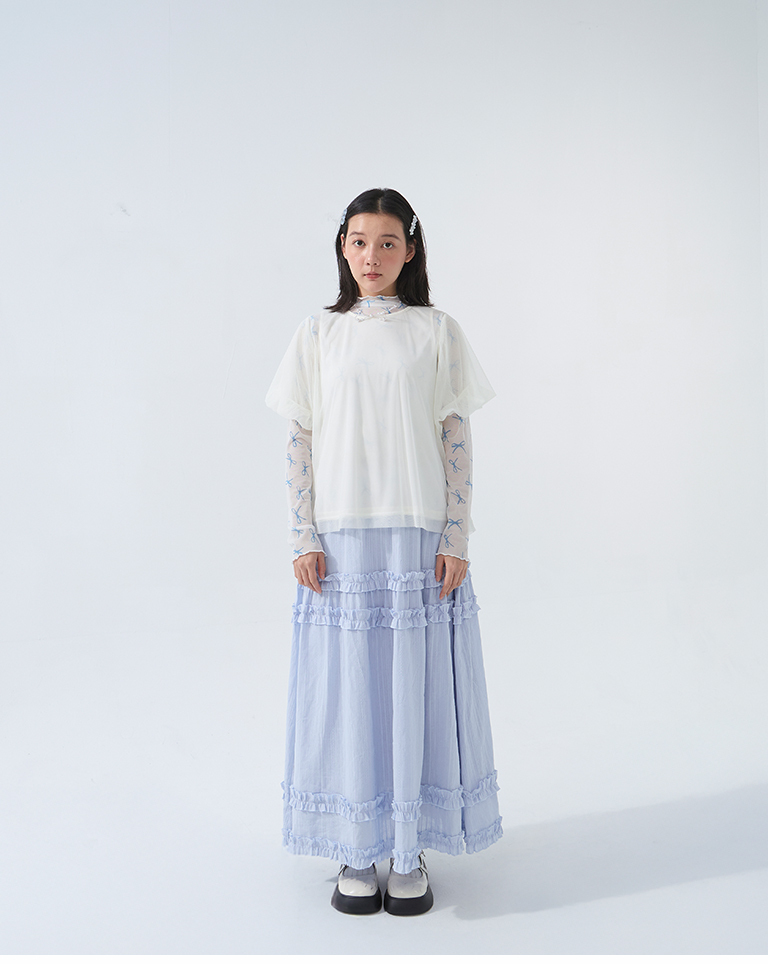 総柄リボンハイネックシアートップス3色展開