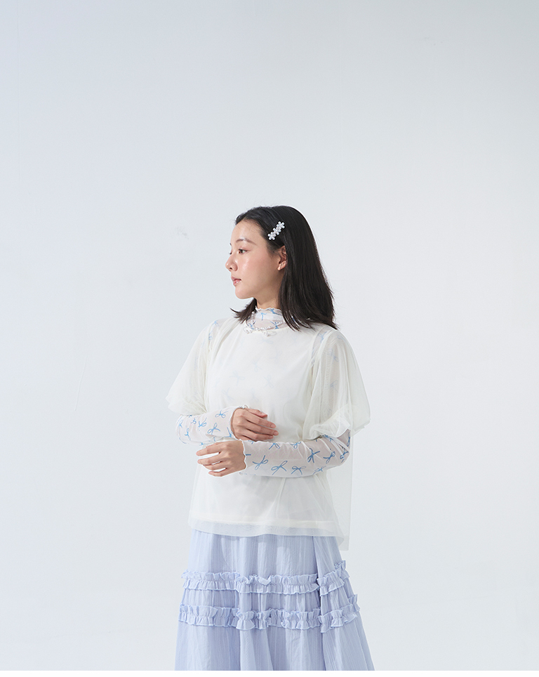 総柄リボンハイネックシアートップス3色展開