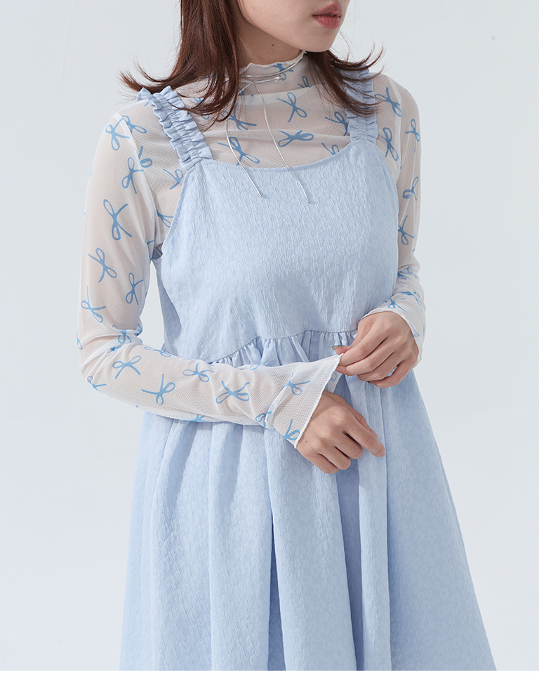 総柄リボンハイネックシアートップス3色展開