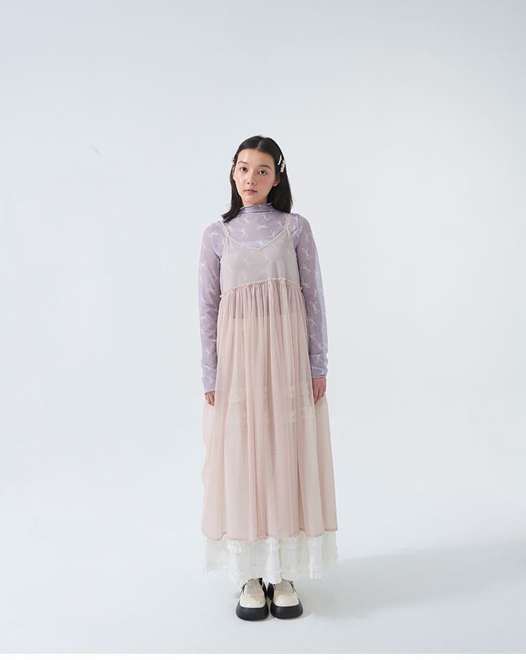 総柄リボンハイネックシアートップス3色展開