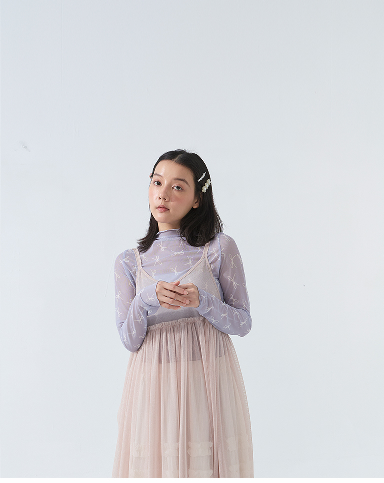 総柄リボンハイネックシアートップス3色展開