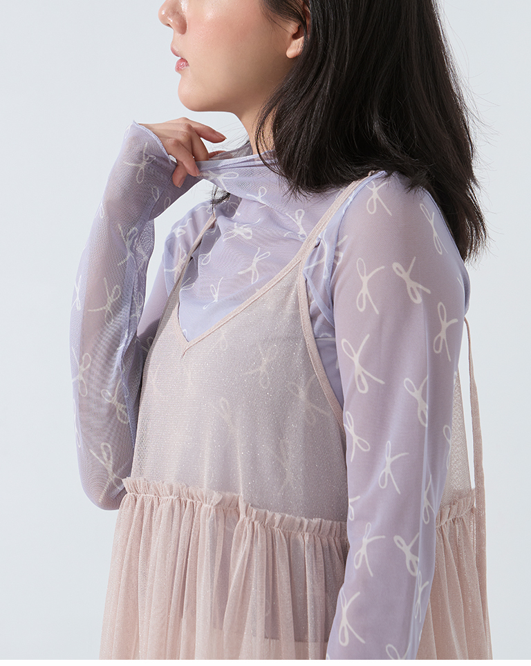 総柄リボンハイネックシアートップス3色展開