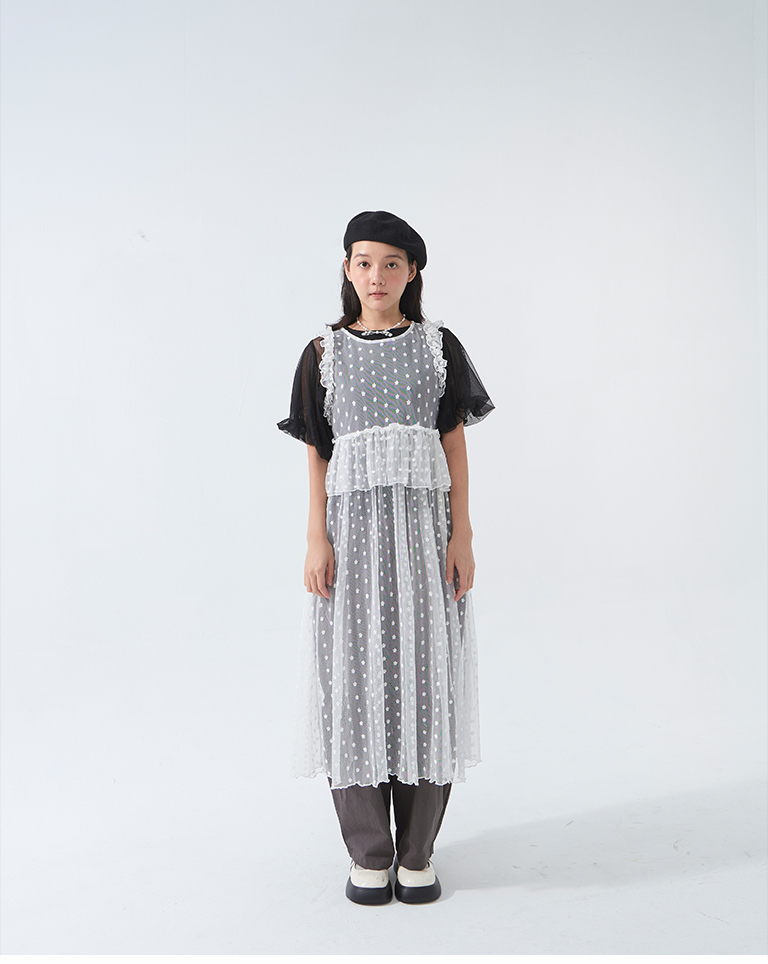 フラワー刺繍チュールロングトップス