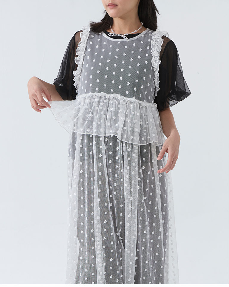 フラワー刺繍チュールロングトップス