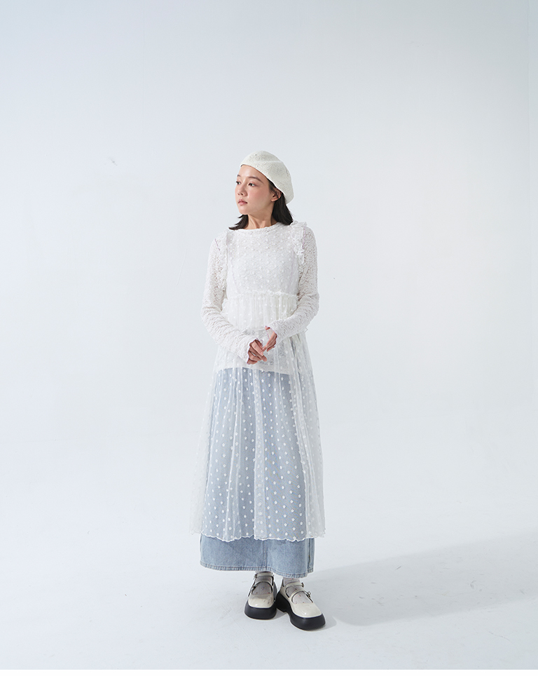 フラワー刺繍チュールロングトップス