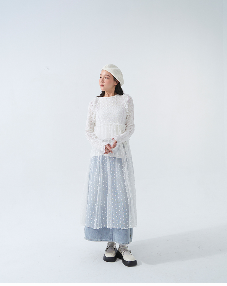 フラワー刺繍チュールロングトップス