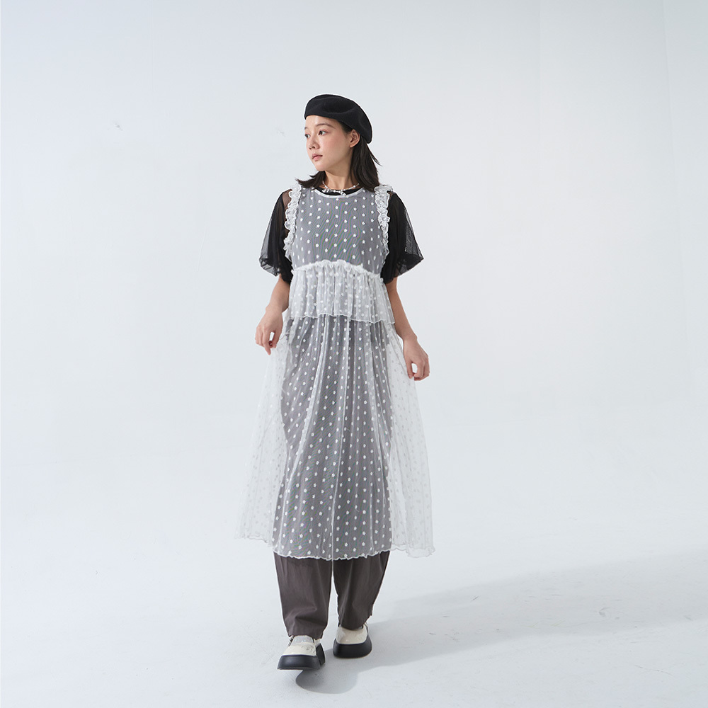 フラワー刺繍チュールロングトップス