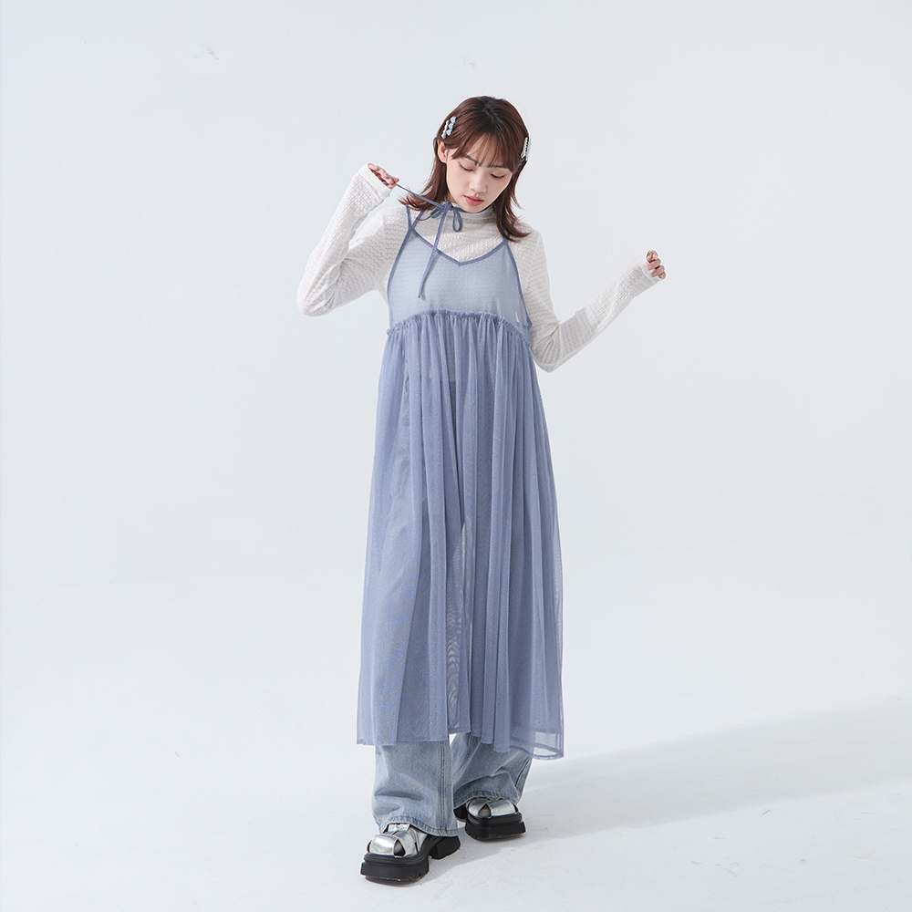 チュールデザインキャミロングジレ - ピンク