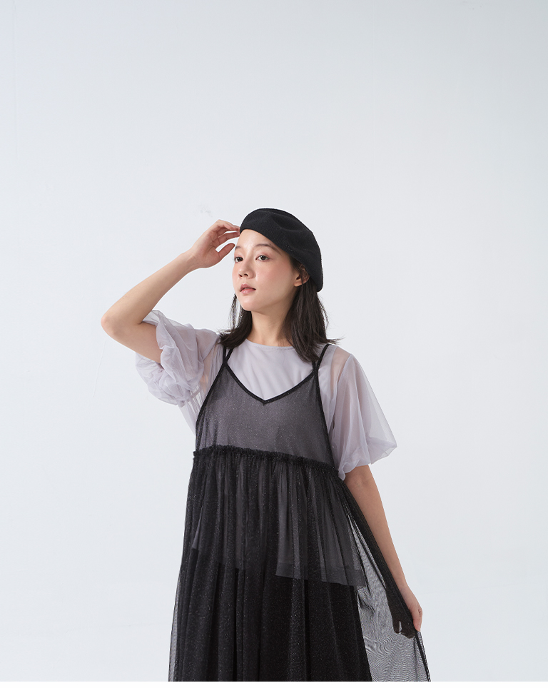 チュールデザインキャミロングジレ - ブラック