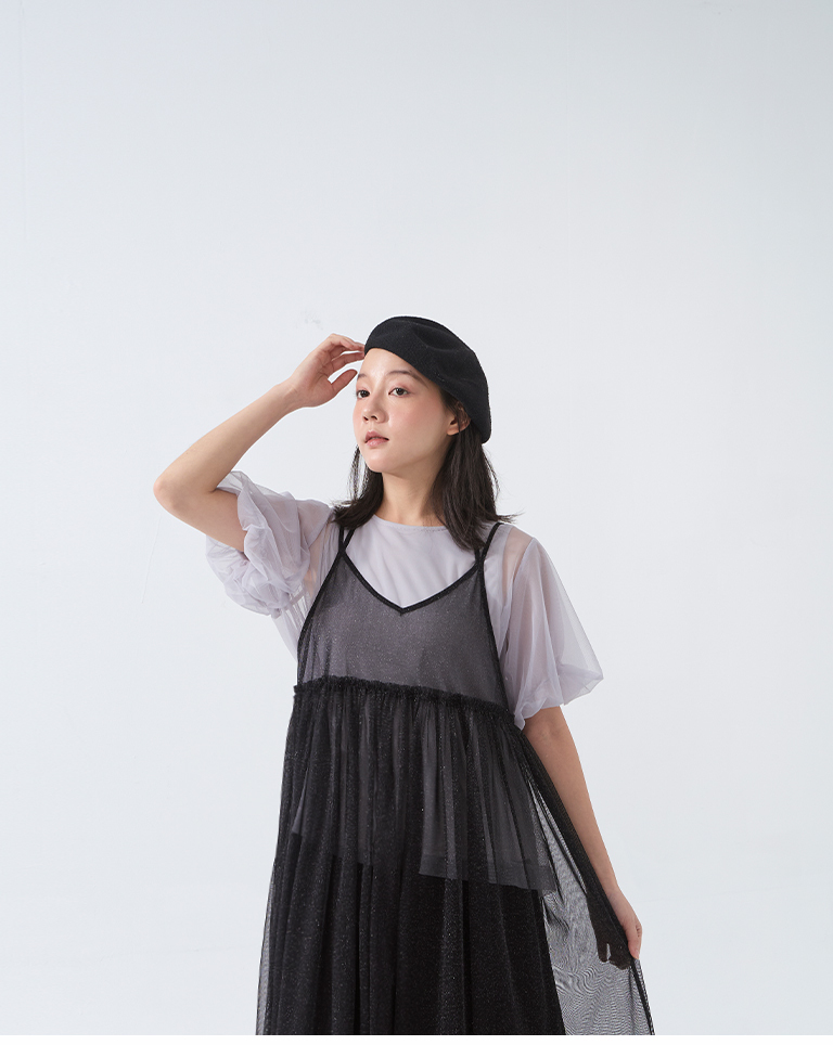 チュールデザインキャミロングジレ - ブラック