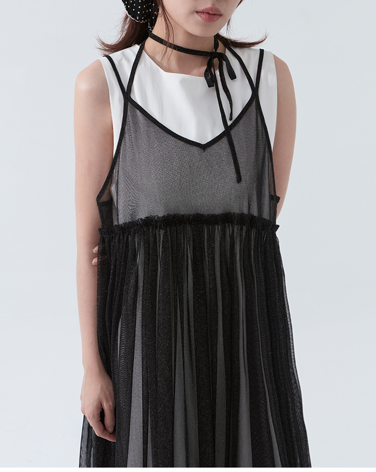 チュールデザインキャミロングジレ - ブラック