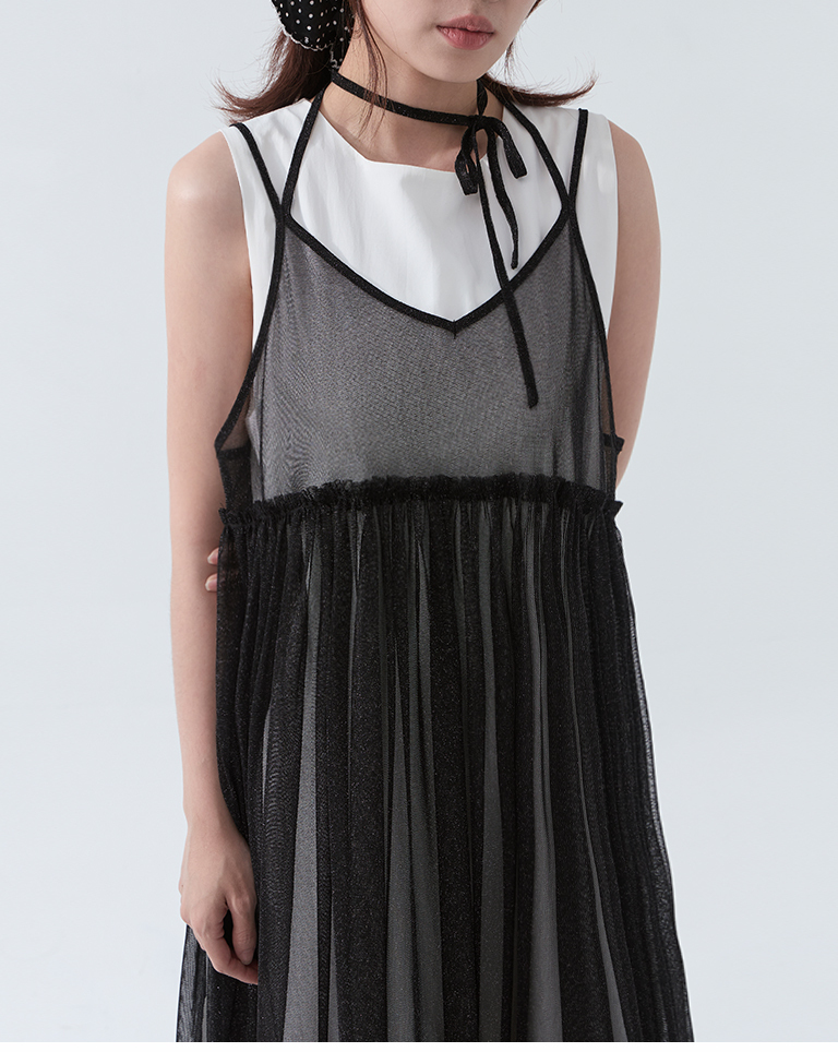 チュールデザインキャミロングジレ - ブラック