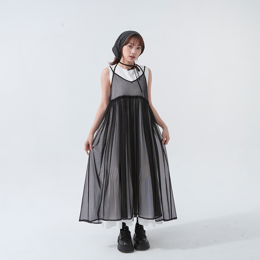 チュールデザインキャミロングジレ - ブラック