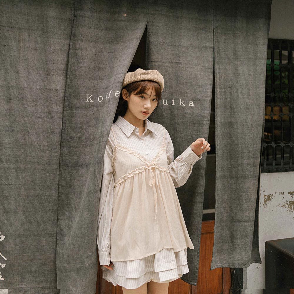 シアーフリルリボンキャミソール - ベージュ