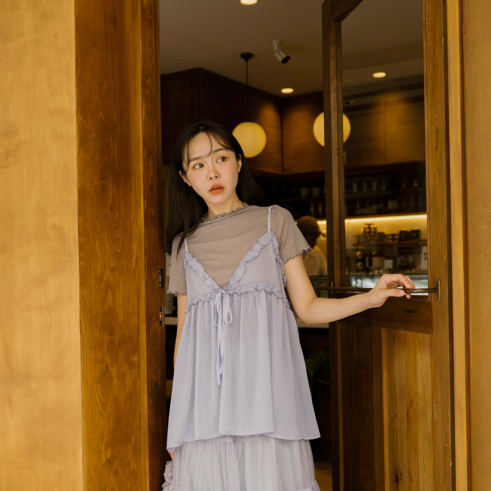 シアーフリルリボンキャミソール - ブルー