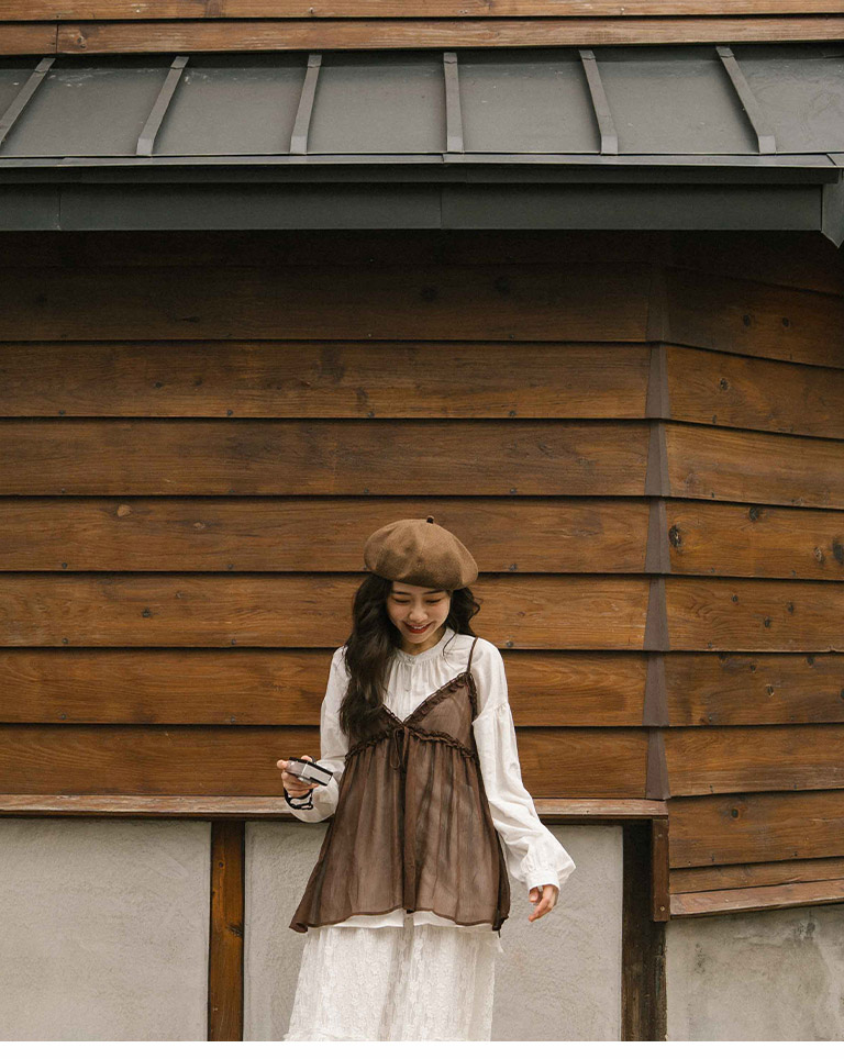 シアーフリルリボンキャミソール - ブラウン