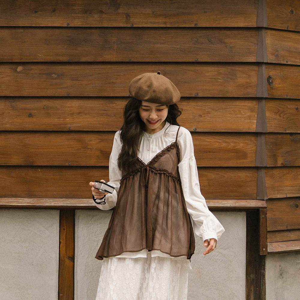 シアーフリルリボンキャミソール - ブラウン