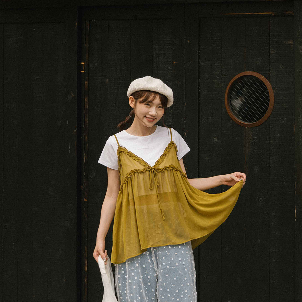 シアーフリルリボンキャミソール - マスタード