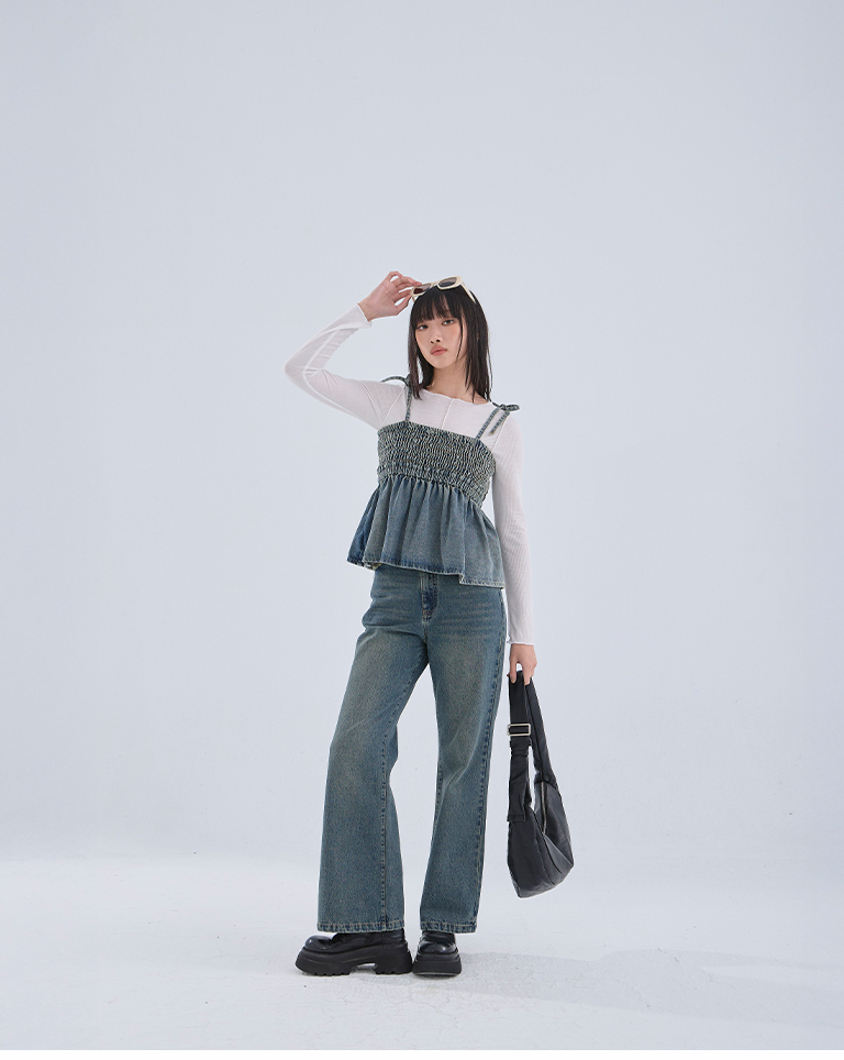 リブ切り替えメロートップス ホワイト