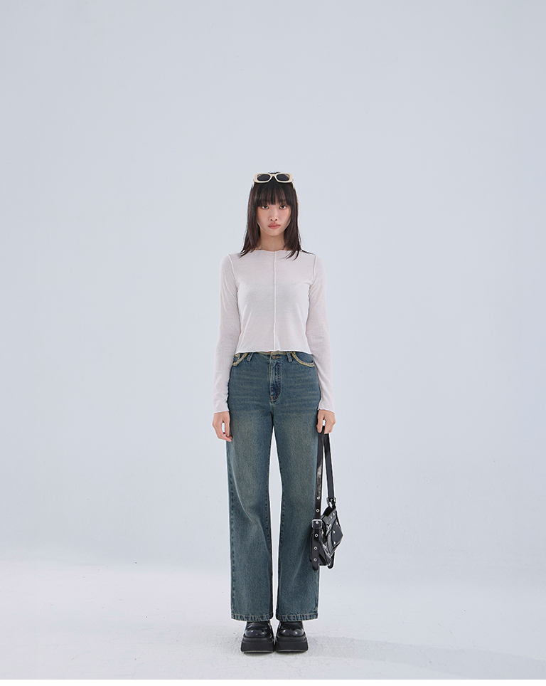 リブ切り替えメロートップス ホワイト