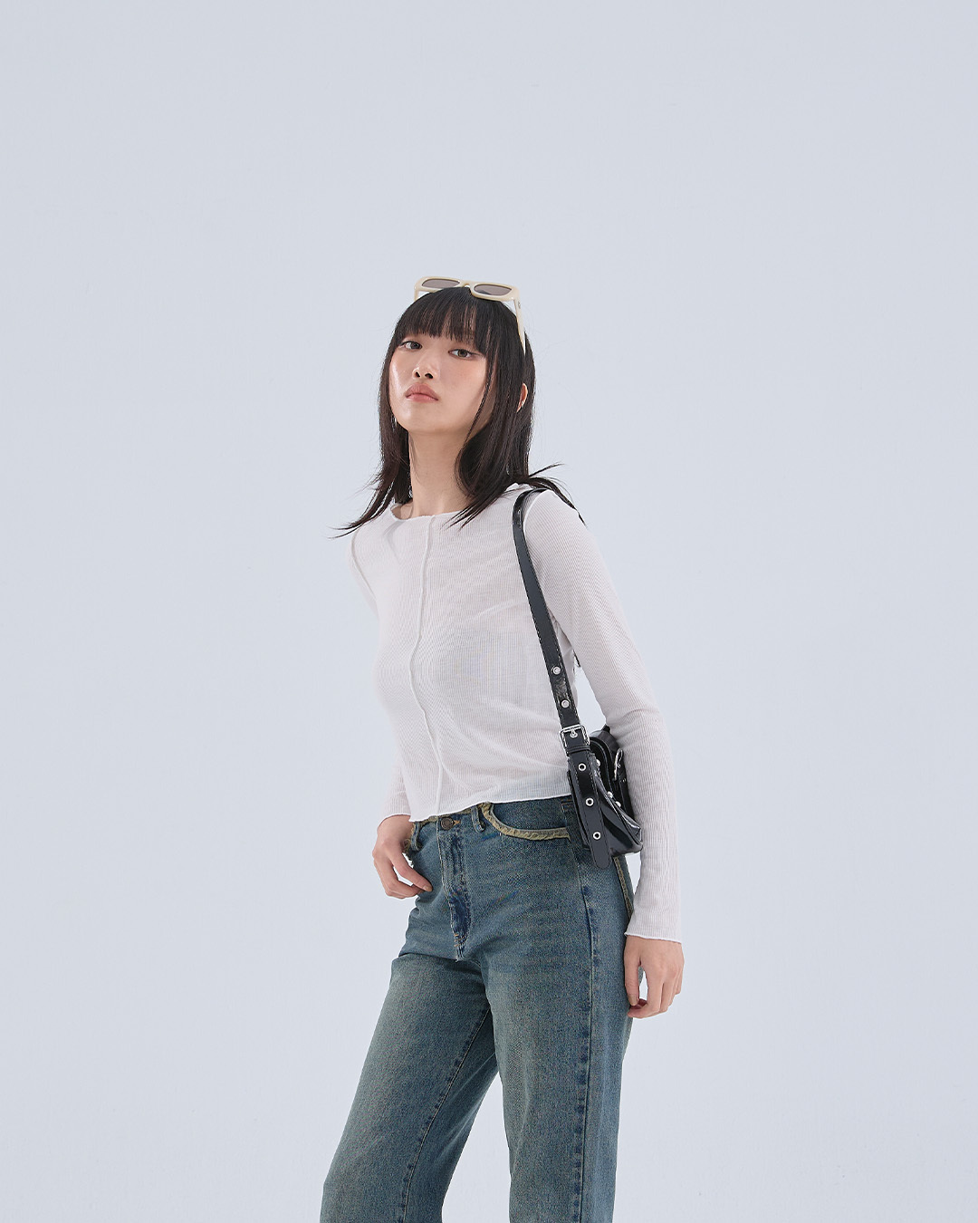 リブ切り替えメロートップス ホワイト