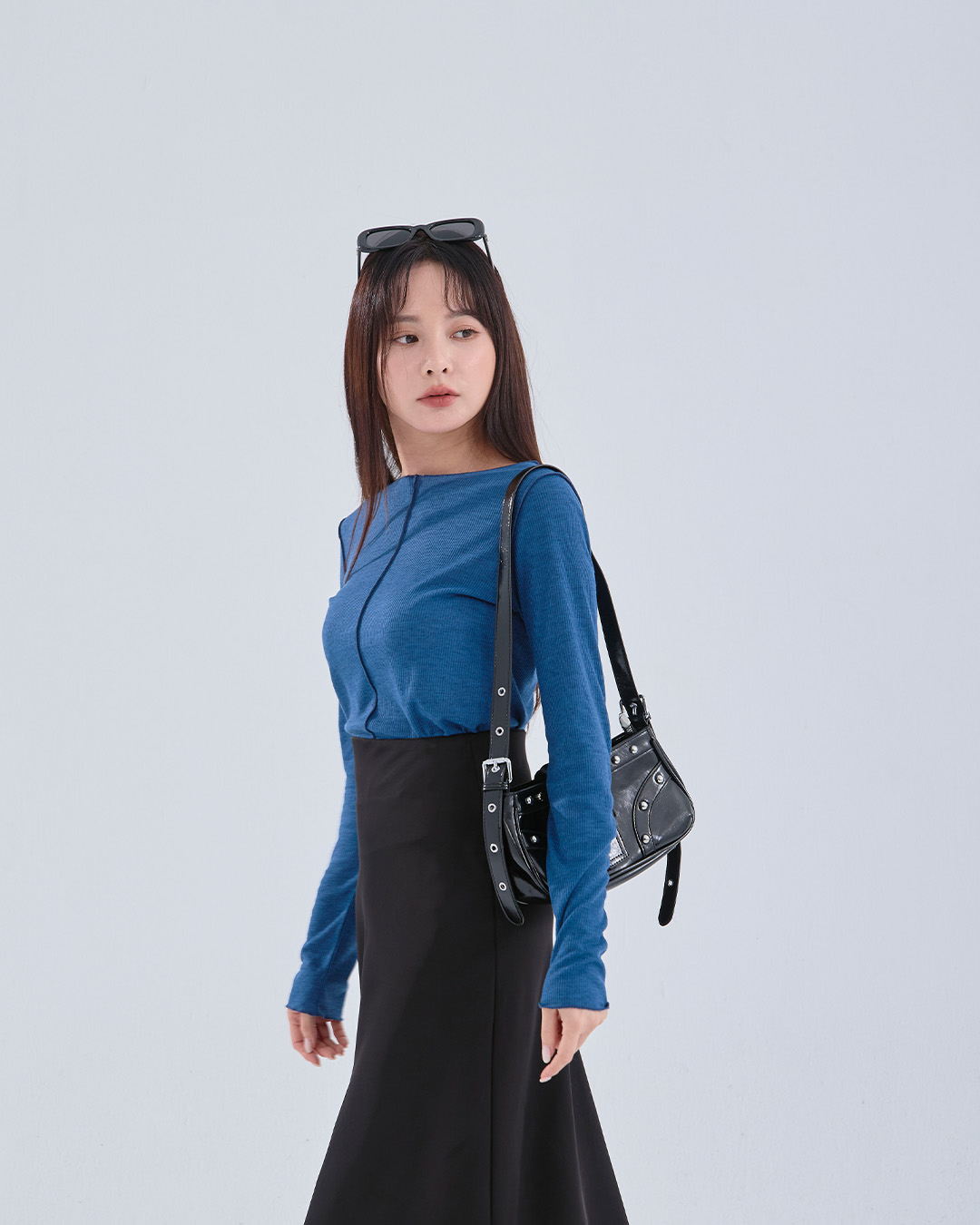 リブ切り替えメロートップス ブルー