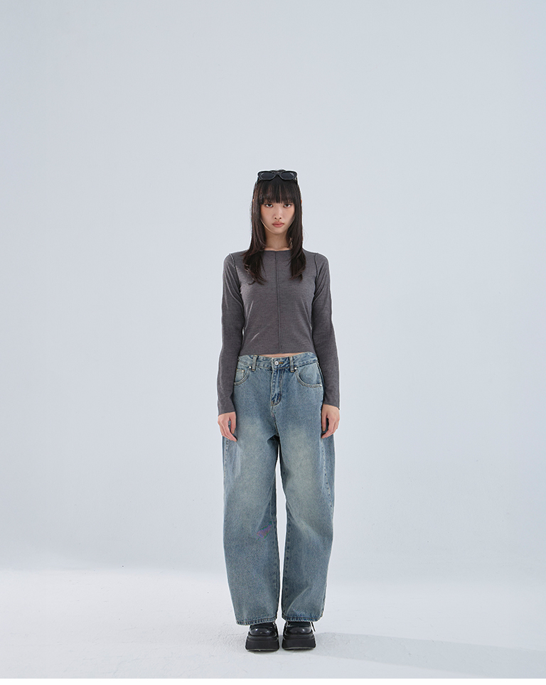 リブ切り替えメロートップス ダークグレー