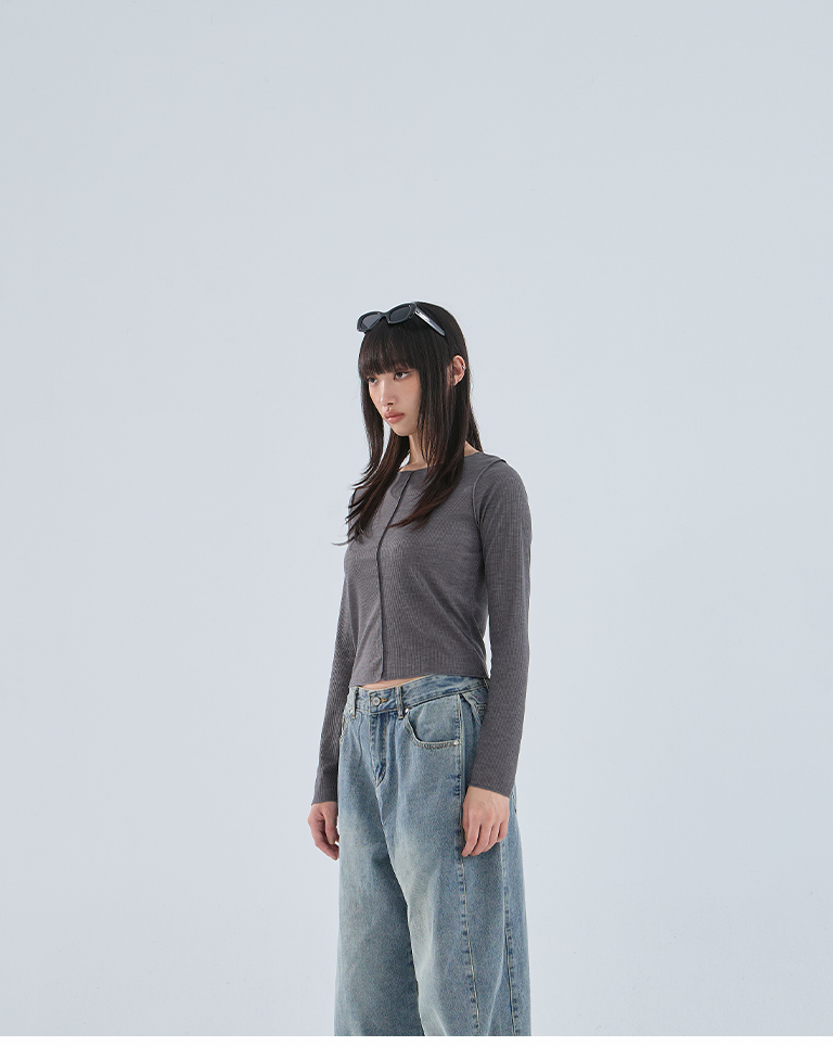 リブ切り替えメロートップス ダークグレー