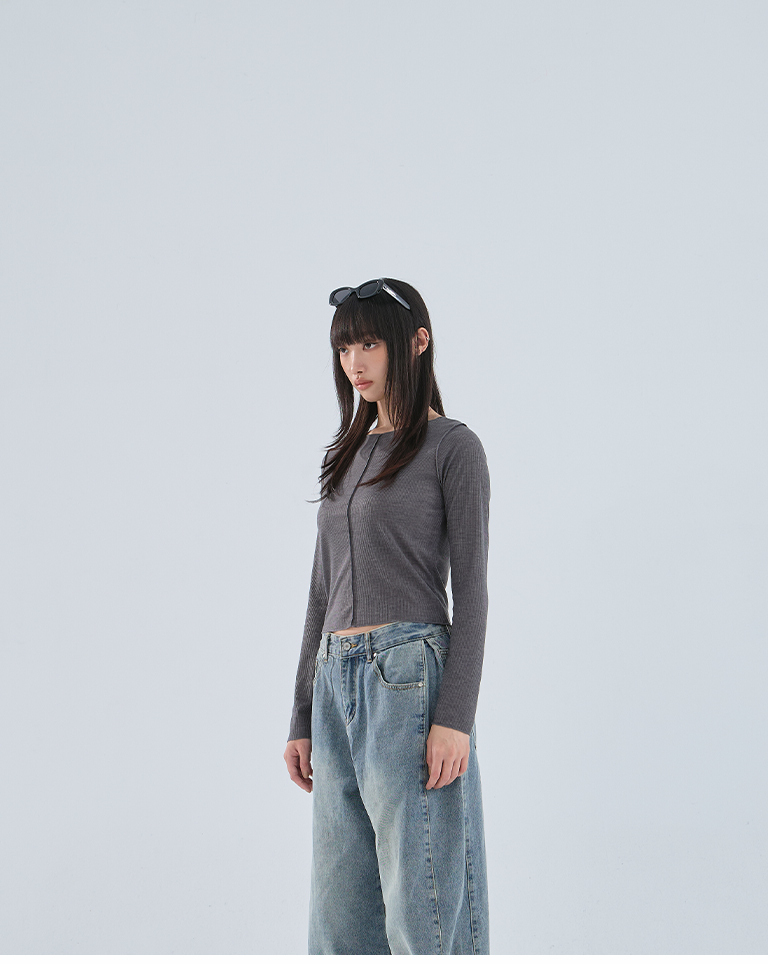 リブ切り替えメロートップス ダークグレー