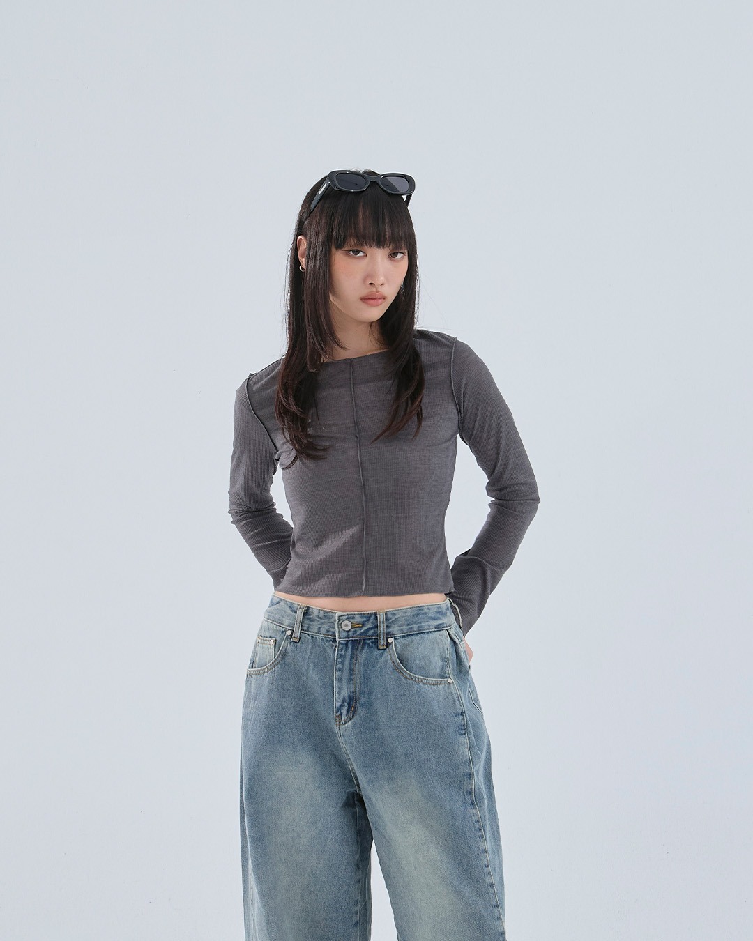 リブ切り替えメロートップス ダークグレー