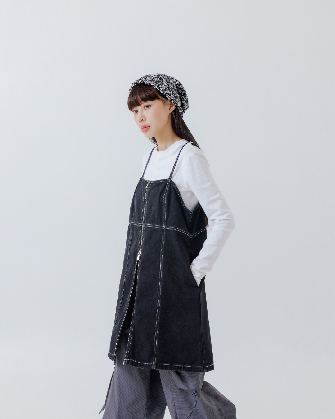 配色ステッチデニムベスト