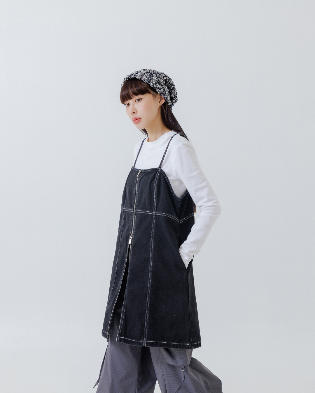 配色ステッチデニムベスト